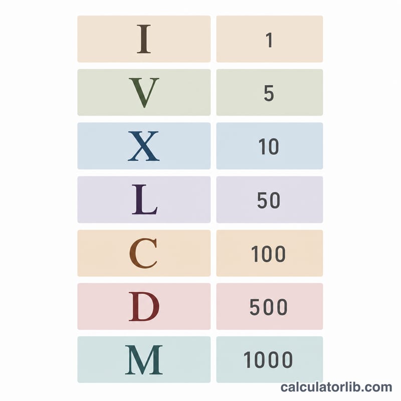 Chart of the seven Roman numeral symbols and their values