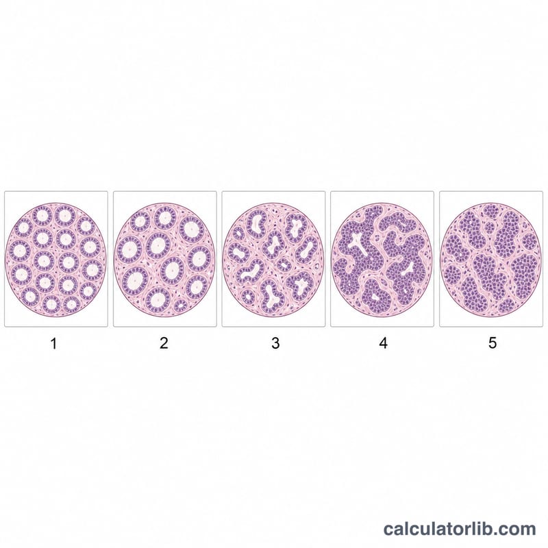 Diagram of five prostate tissue gland patterns from well-formed to disorganized