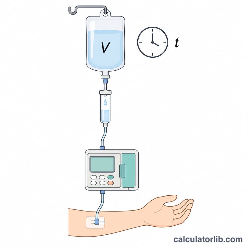 Diagram of IV bag connected by tubing through a drip chamber and pump to a patient's arm, with volume and time labeled