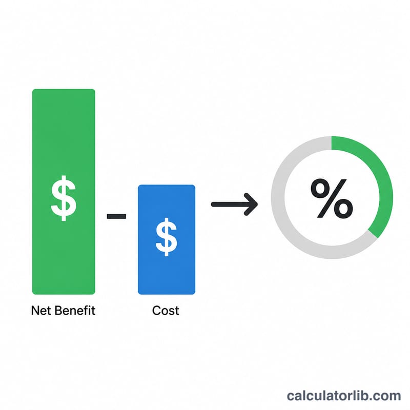 Diagram showing net benefit minus cost divided to produce an ROI percentage