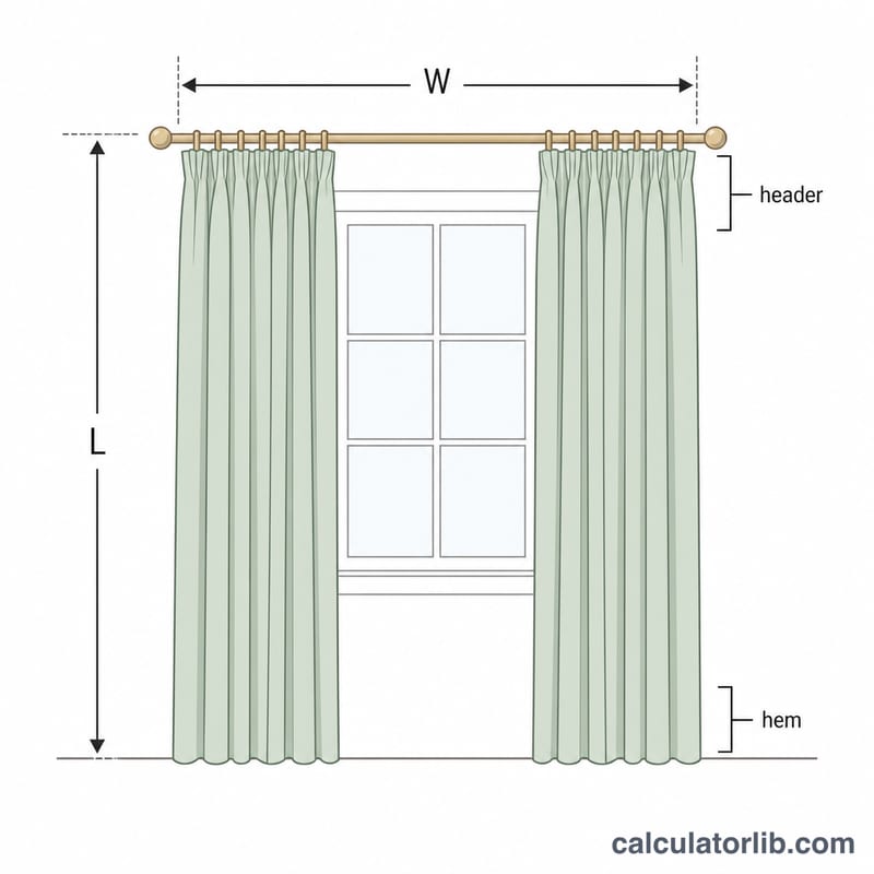 Diagram of a window with curtain rod showing the measurements used to calculate curtain width and length