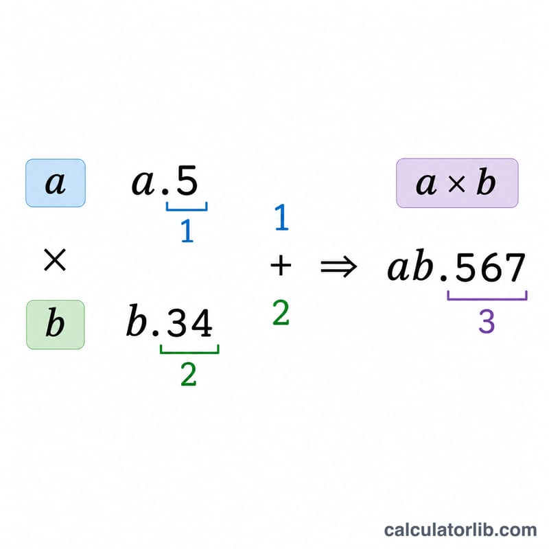 Diagram showing decimal places in two factors add up to decimal places in the product