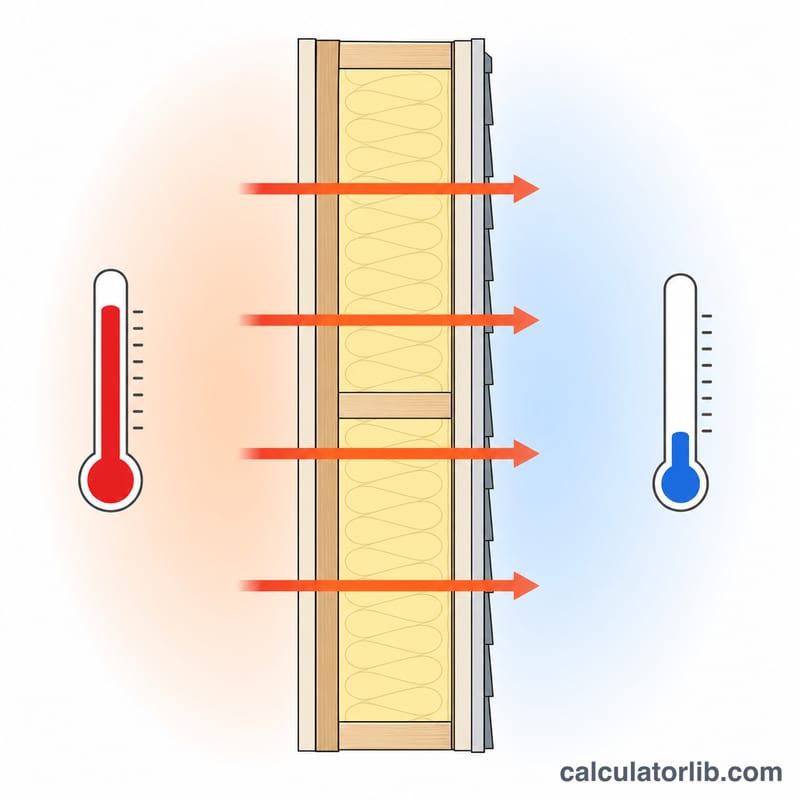 Cross-section of a building wall showing heat flowing from a warm interior to a cold exterior