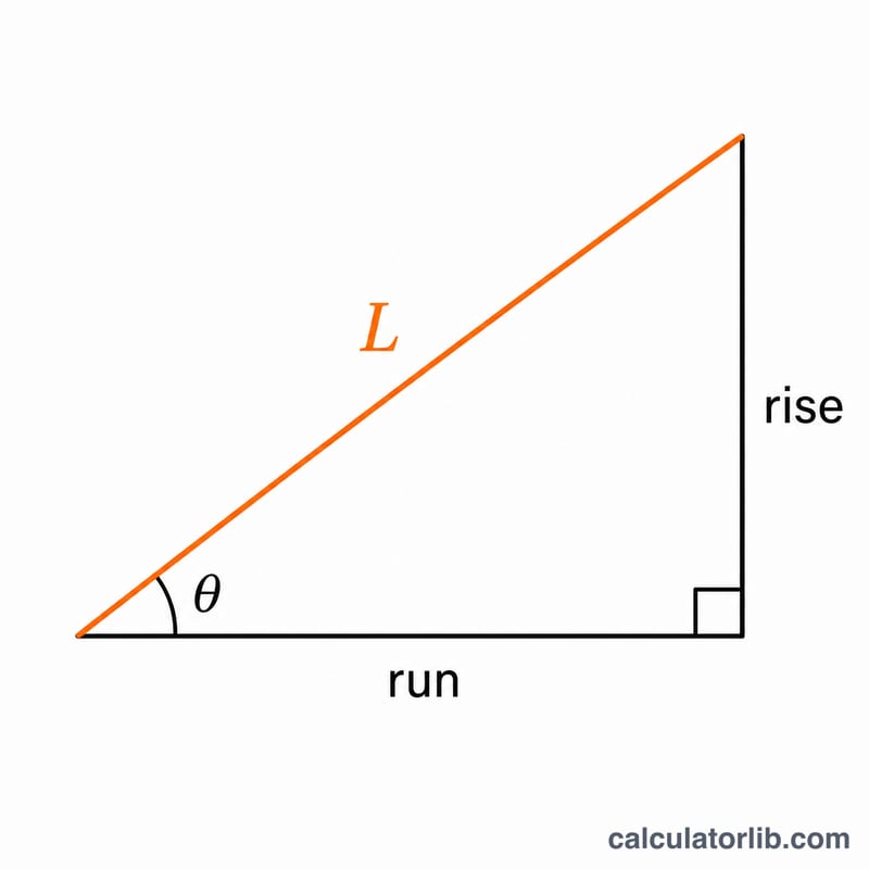 Triángulo rectángulo que muestra una rampa con avance horizontal, subida vertical y longitud inclinada
