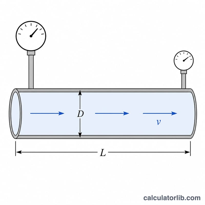 Diagram of fluid flowing through a horizontal pipe showing pressure drop along its length