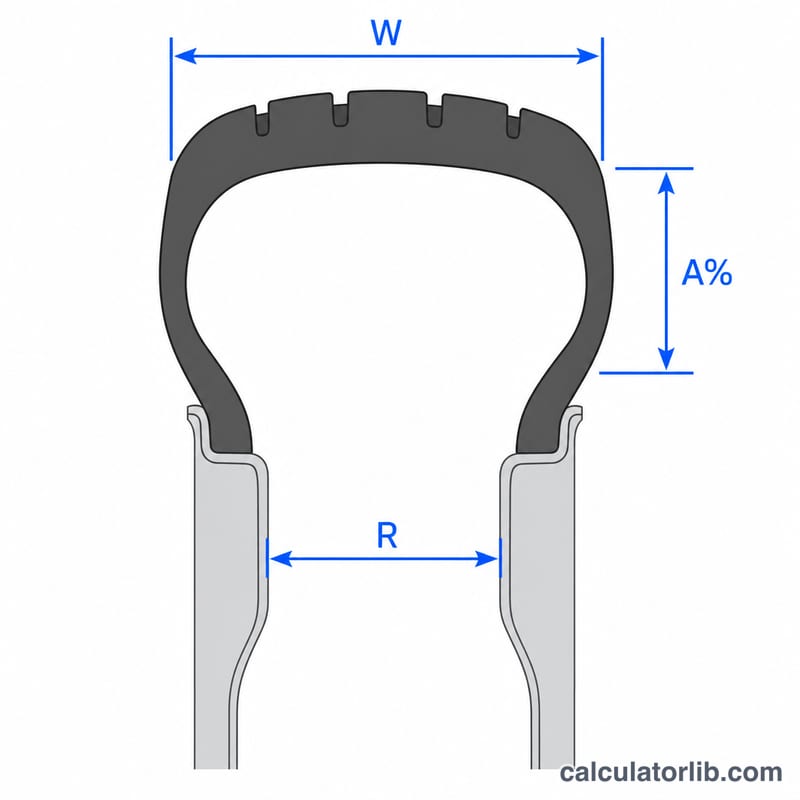 Diagram of a tire cross-section labeling section width, sidewall height, and rim diameter
