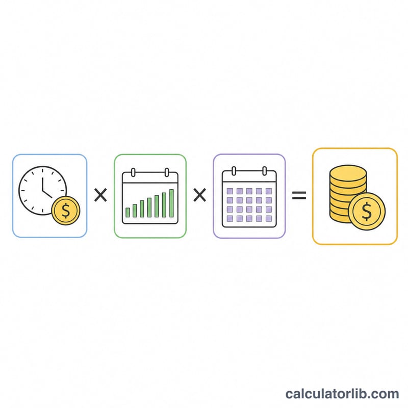Diagram showing hourly rate times hours per week times weeks per year equals annual salary