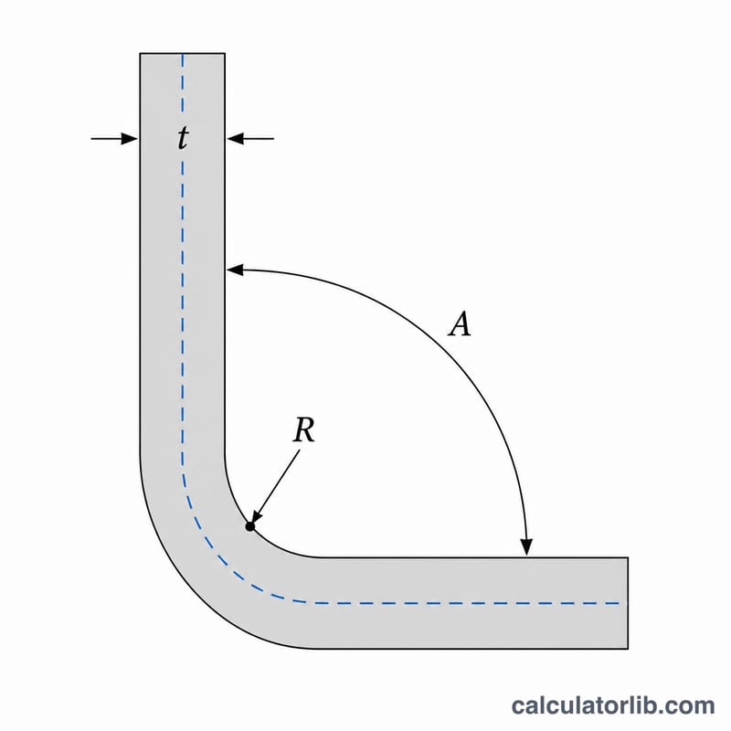 Cross-section of a sheet metal bend showing thickness, inside radius, bend angle and neutral axis