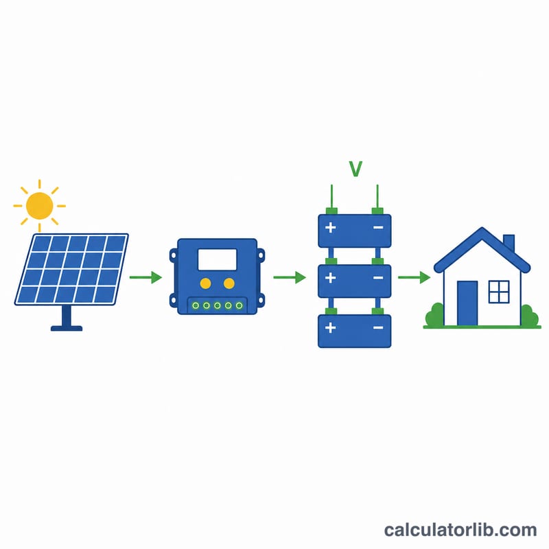 Flat diagram showing solar panel charging a battery bank that powers a house