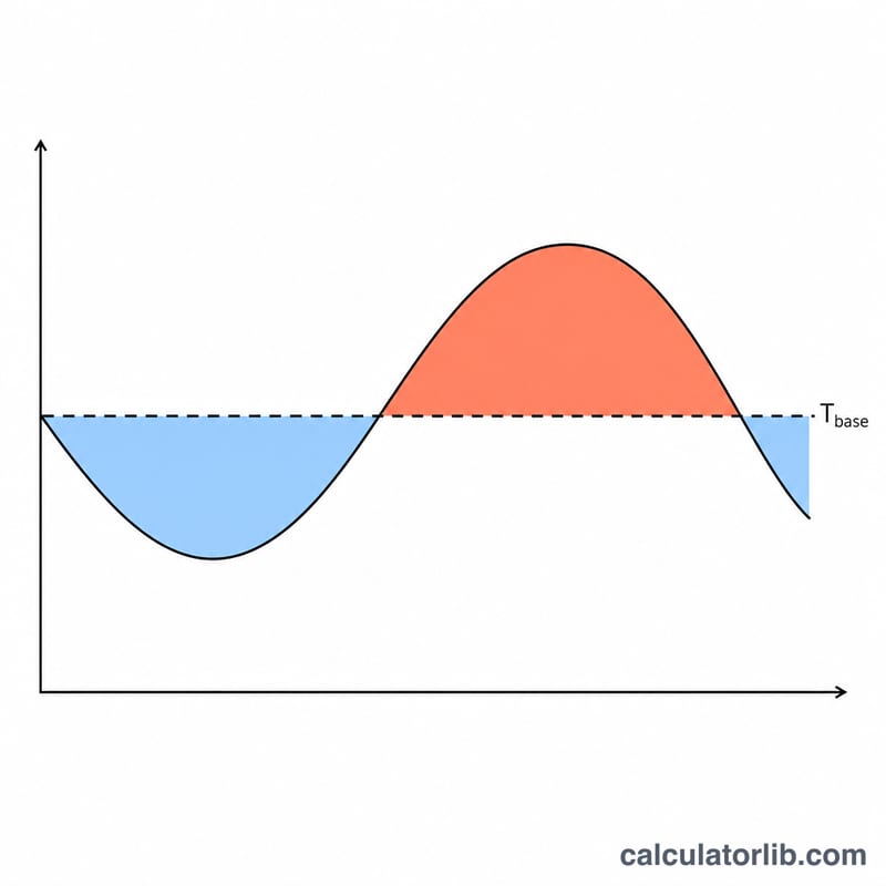 Temperature curve over a day with base temperature line, heating area below and cooling area above shaded