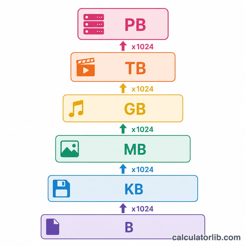 Ladder of digital storage units from byte up to petabyte, each step multiplied by 1024
