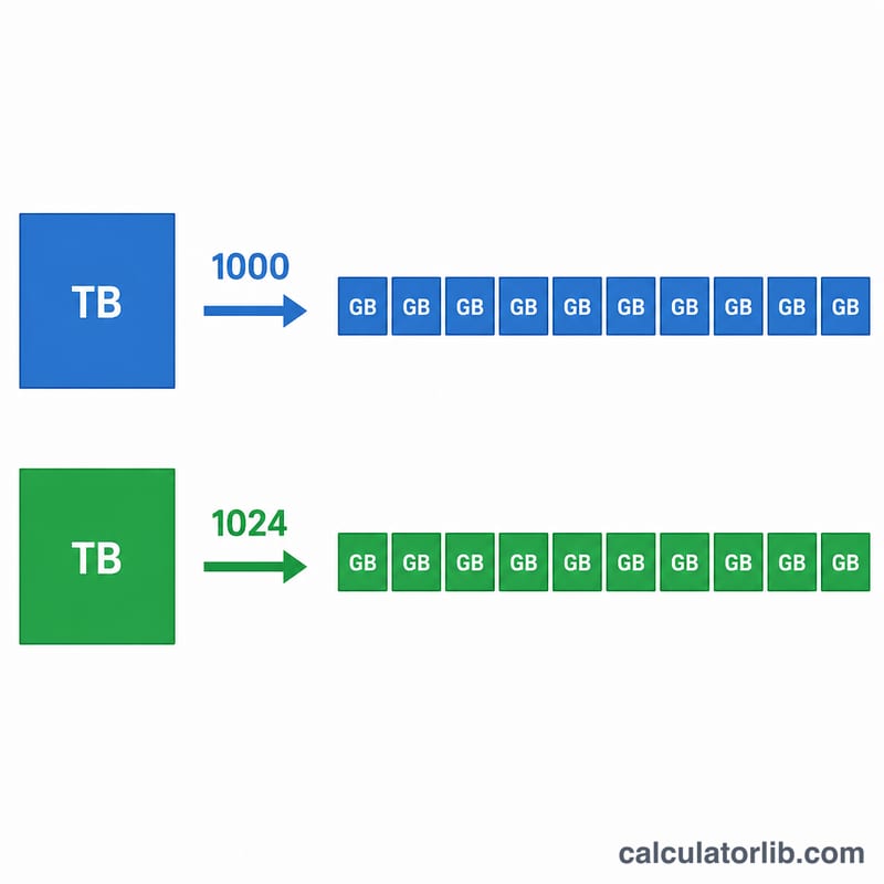Diagram showing one terabyte block dividing into 1000 gigabyte blocks in decimal versus 1024 in binary