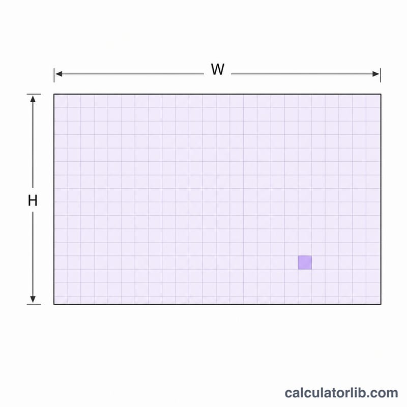 Diagram of a rectangular knitted piece with width and height labels divided into a grid of small squares