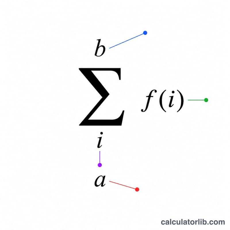 Sigma notation diagram showing the index, lower bound, upper bound, and summand