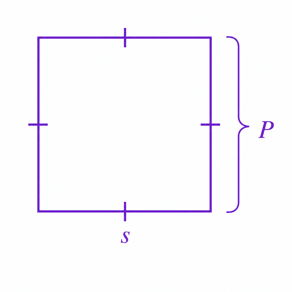 Square with equal sides labeled s and total boundary labeled P