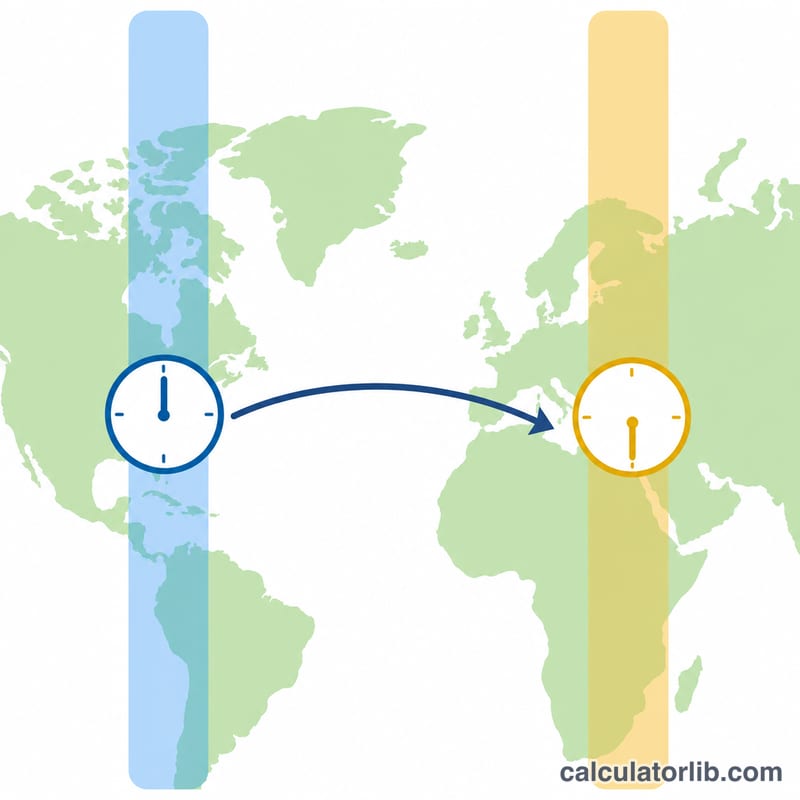 Diagram showing Central Europe and eastern US zones with a 6-hour offset between two clocks
