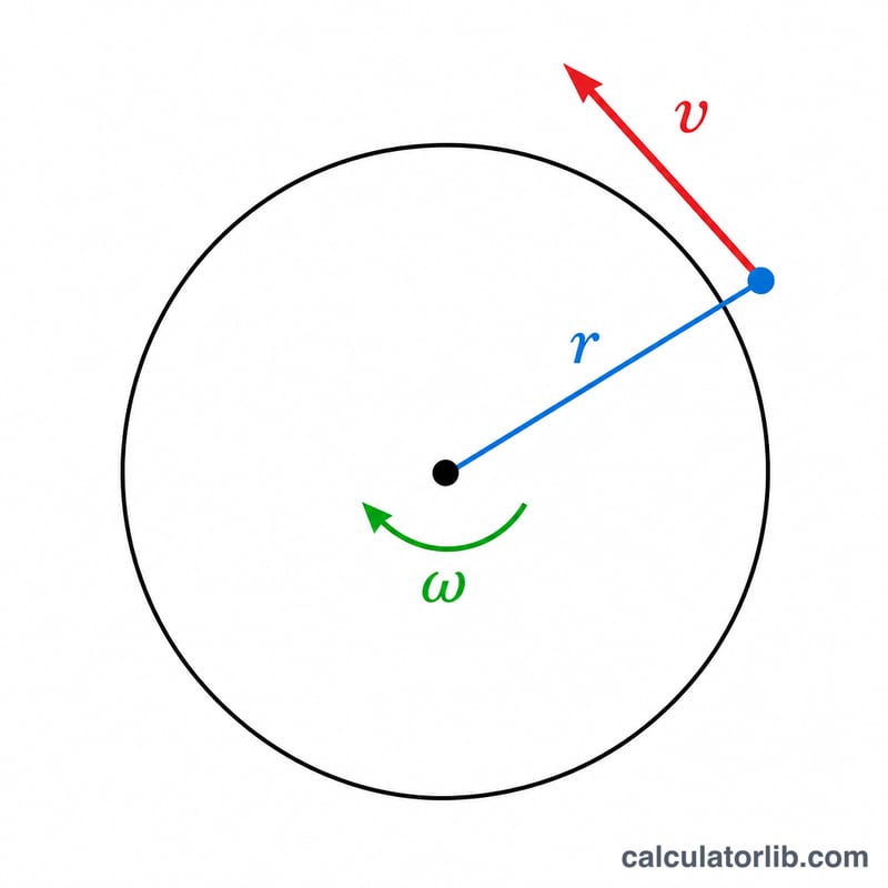 Diagram of a point moving on a circular path showing radius, angular velocity, and tangential linear velocity vector