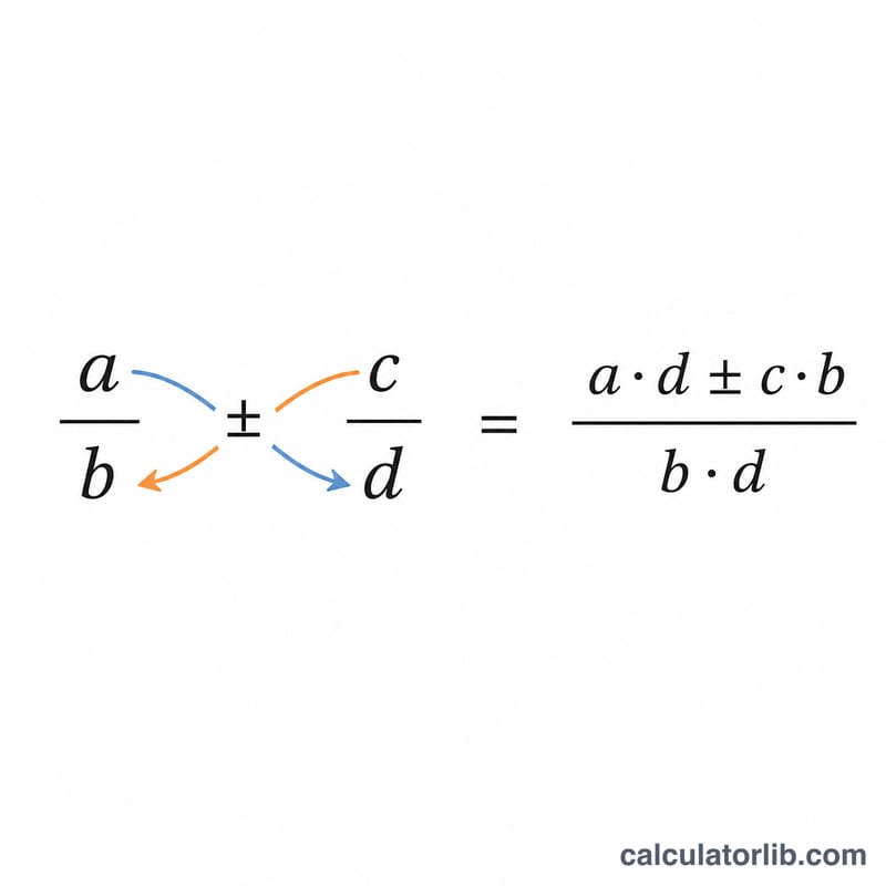Diagram showing two fractions being combined over a common denominator using cross multiplication