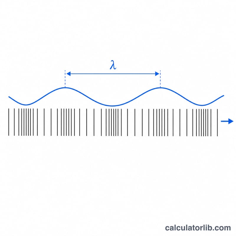 Diagram of a sound wave traveling through air with compression and rarefaction regions and labeled wavelength
