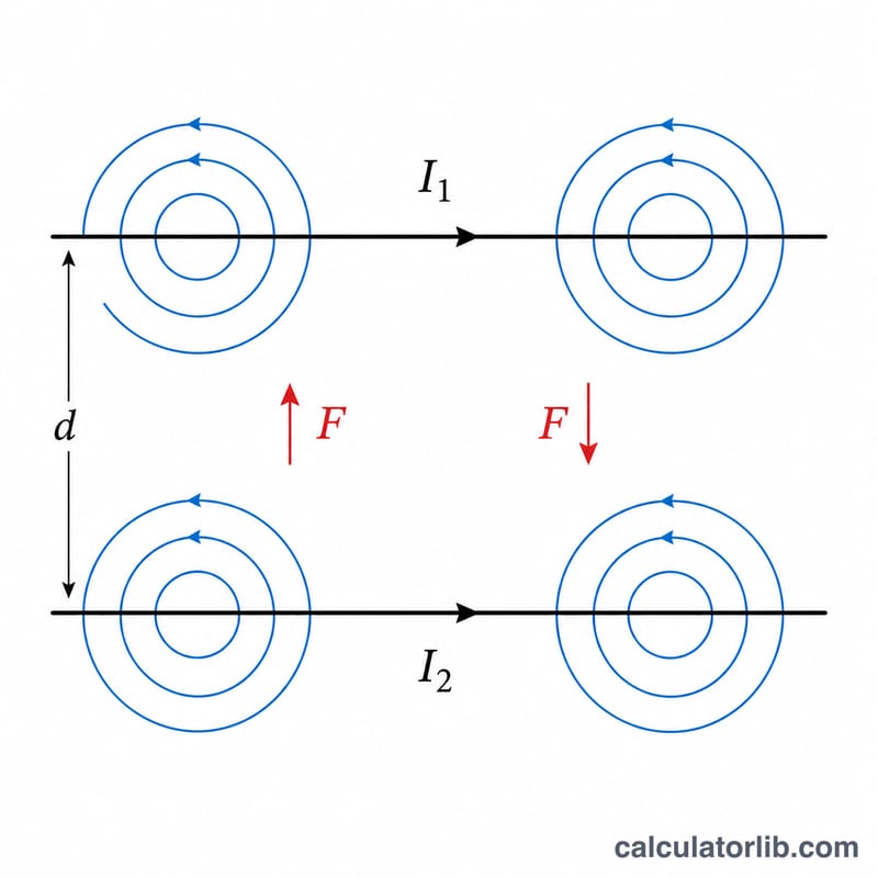Two parallel wires carrying currents with magnetic field and force vectors