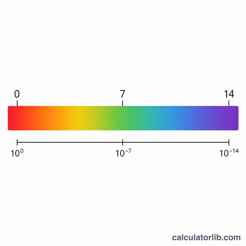 pH scale from 0 to 14 colored from red (acidic) through green (neutral) to purple (basic), with corresponding hydrogen ion concentration powers of ten below.