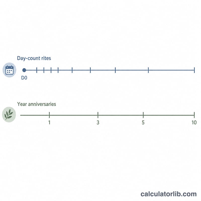 Two parallel timelines showing day-count rites and multi-year anniversary rites from a starting point