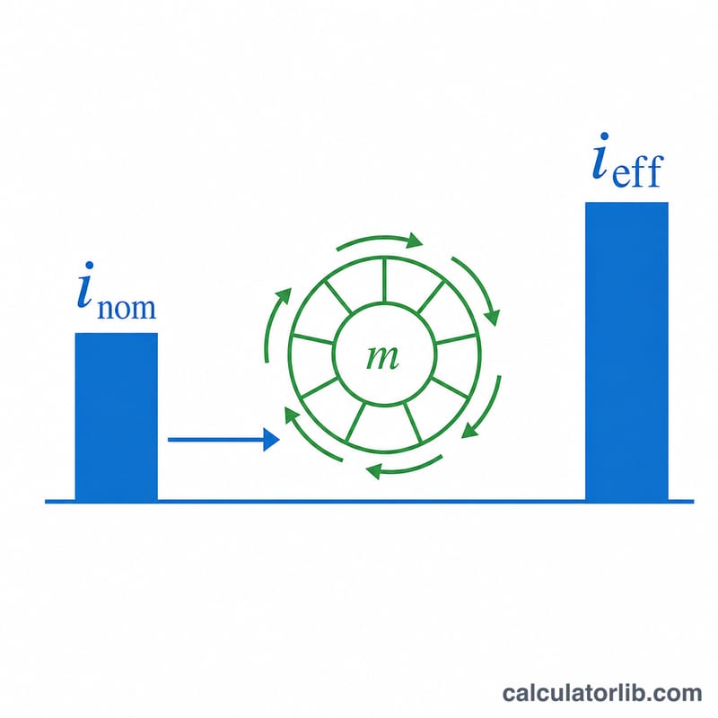 Diagram showing a nominal rate split into m compounding periods and growing into a larger effective rate