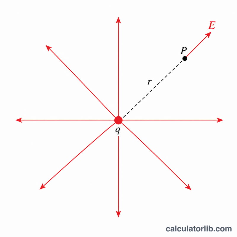 Radial electric field lines from a positive point charge with distance r marked to point P