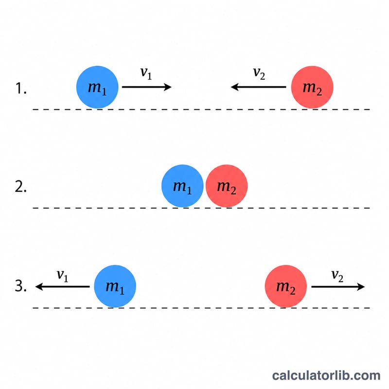 Two balls approaching, colliding, and rebounding with conserved momentum and energy