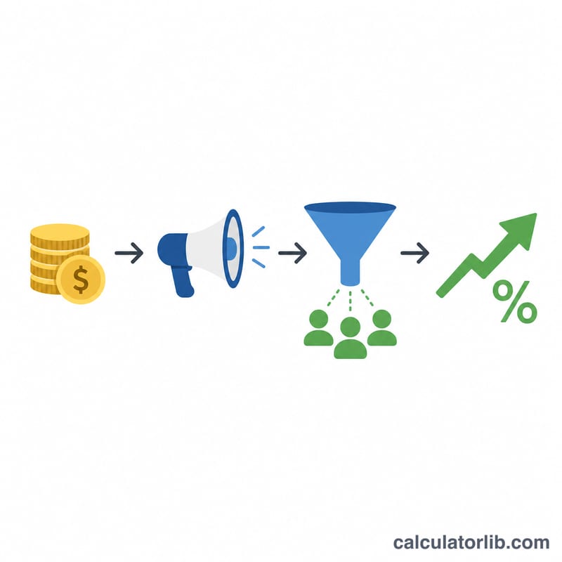 Flow from ad spend through conversions to a return on investment percentage