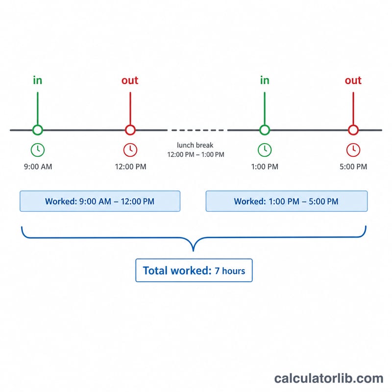 Timeline showing two clock-in/clock-out work periods summed into total time