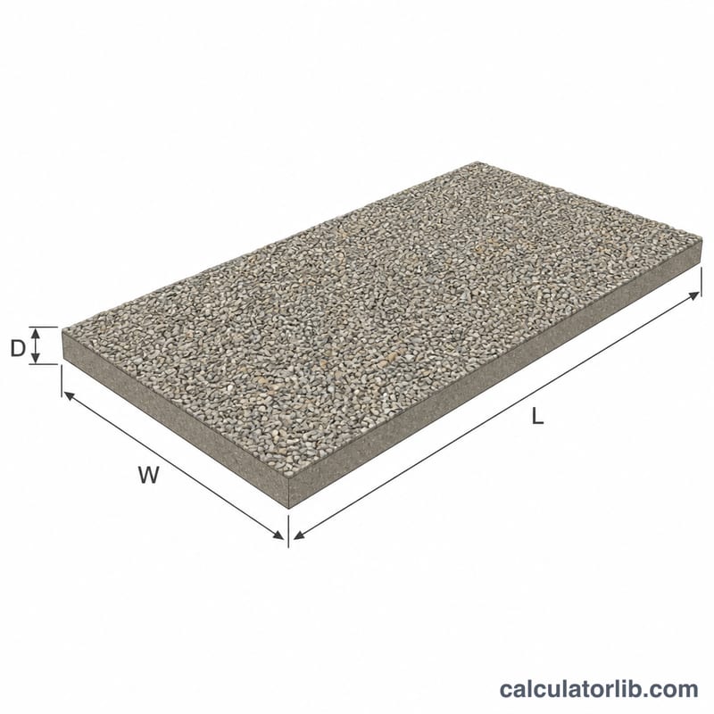 Diagram of a rectangular gravel driveway showing length, width, and depth dimensions