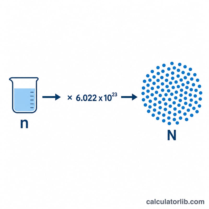 Diagram showing moles multiplied by Avogadro number equals number of atoms