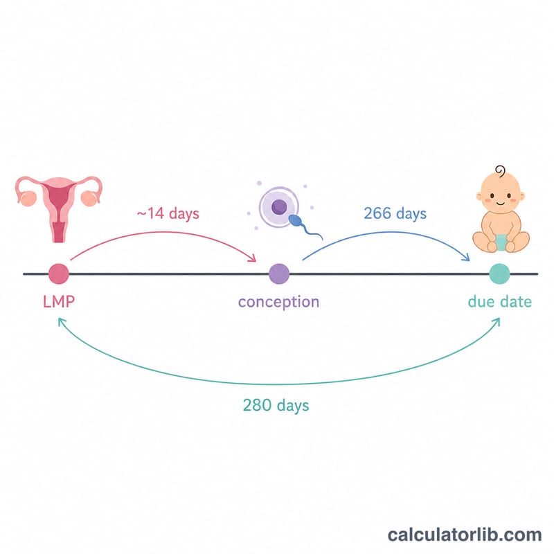 Timeline showing LMP, conception 14 days later, and due date 266 days after conception