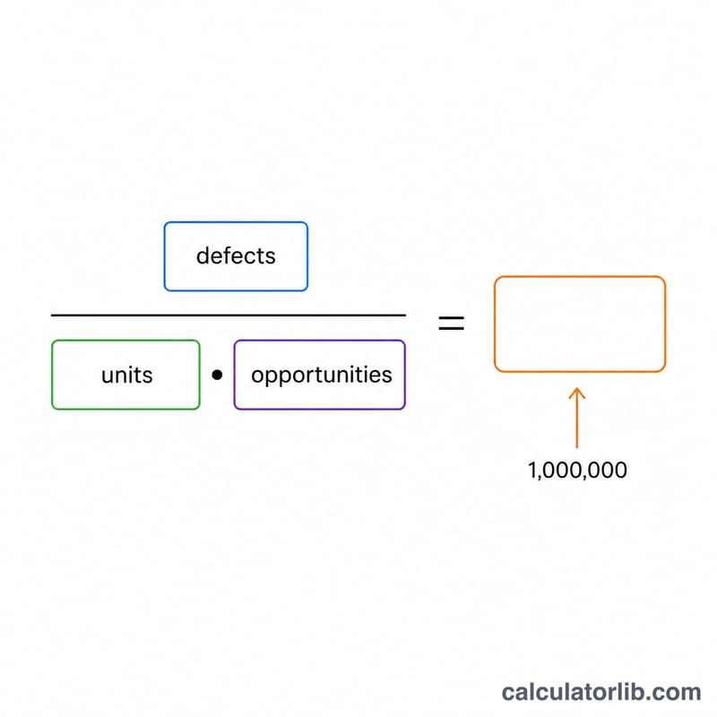 Diagram showing DPMO formula components: defects divided by units times opportunities, scaled to one million