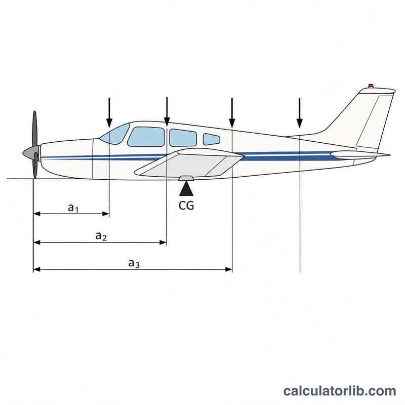 Side view of a small aircraft showing weight stations along its length with arrows pointing down at the nose, cockpit, cabin, fuel tank, and baggage, and a balance point under the wing