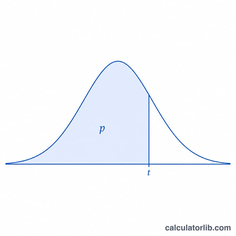 Bell-shaped t-distribution curve with a shaded left area p and a vertical line at the corresponding quantile t on the horizontal axis