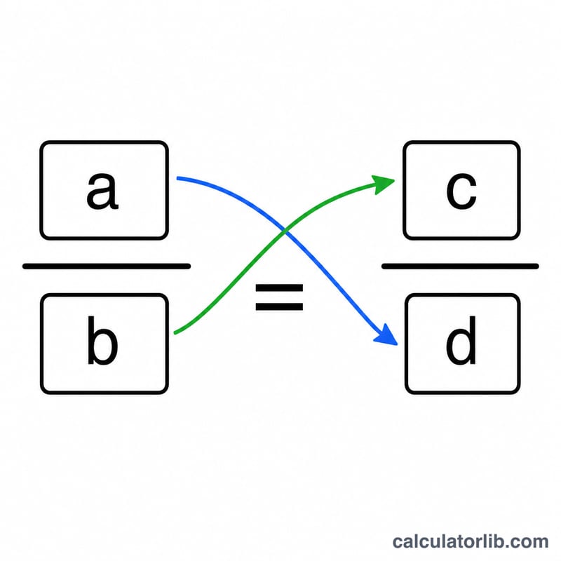 Diagram of a proportion a/b = c/d with cross-multiplication arrows