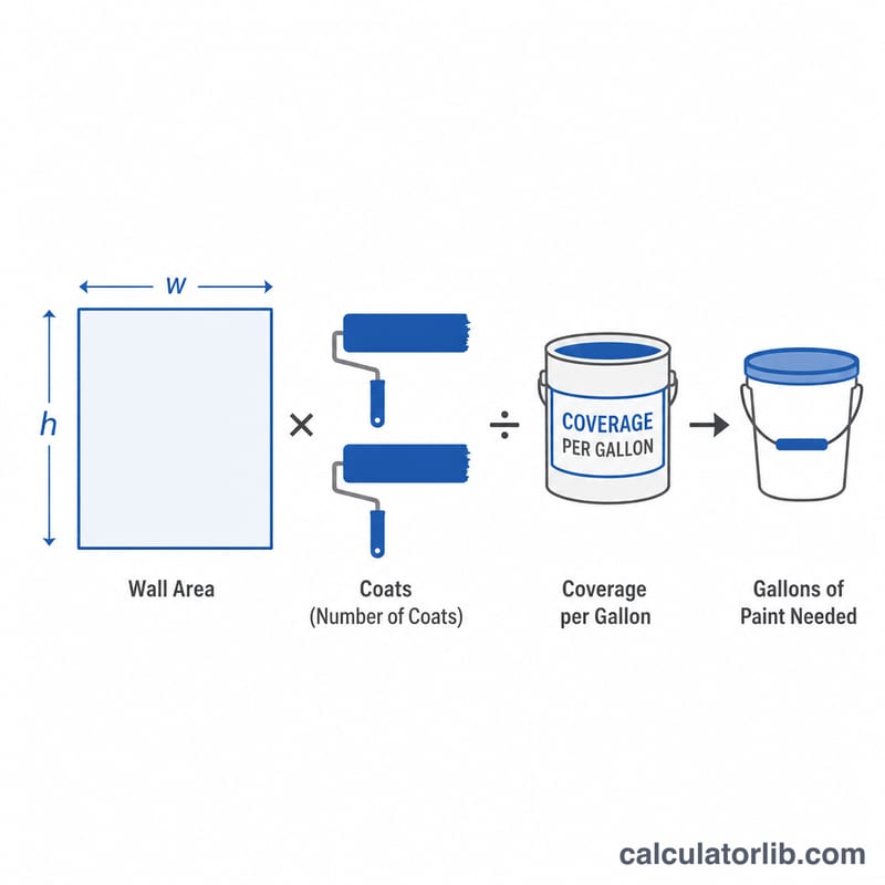 Diagram showing wall area times coats divided by coverage per gallon equals gallons needed
