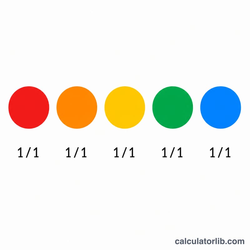 Whole number 5 shown as five filled unit circles, each equal to one whole or 1/1