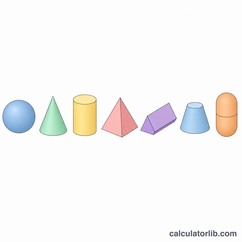 Set of common geometric solids: sphere, cone, cylinder, square pyramid, triangular prism, frustum and capsule