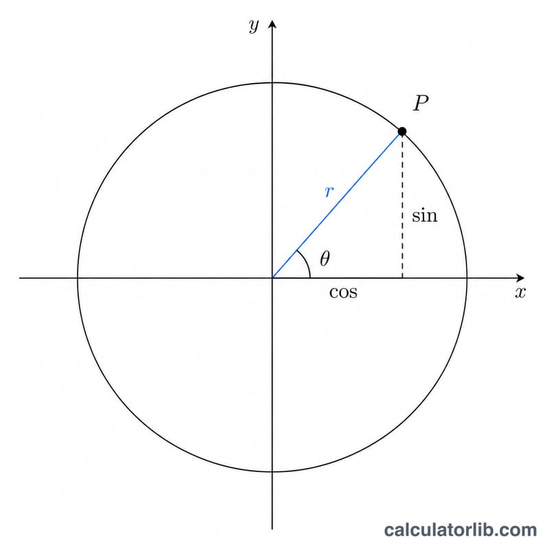 Unit circle showing an angle theta with sine and cosine as coordinates of the point on the circle