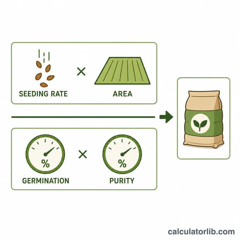Diagram of the seed rate formula dividing rate times area by germination and purity