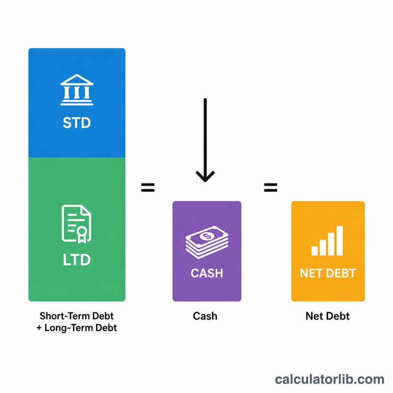 Diagram showing short-term debt plus long-term debt minus cash equals net debt