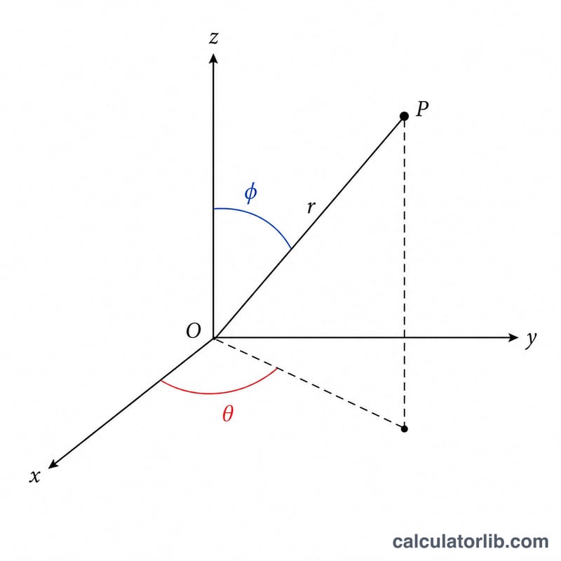 3D diagram showing point P with radius r, polar angle phi from z-axis, and azimuth theta in the xy-plane