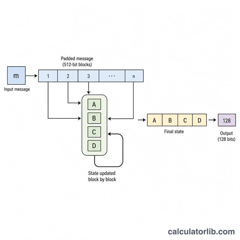 Flow diagram of MD5 processing message blocks into a 128-bit digest