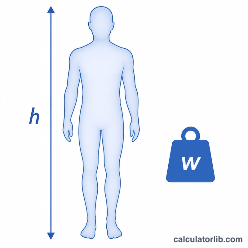 Human body silhouette with surface area shading and height and weight indicators