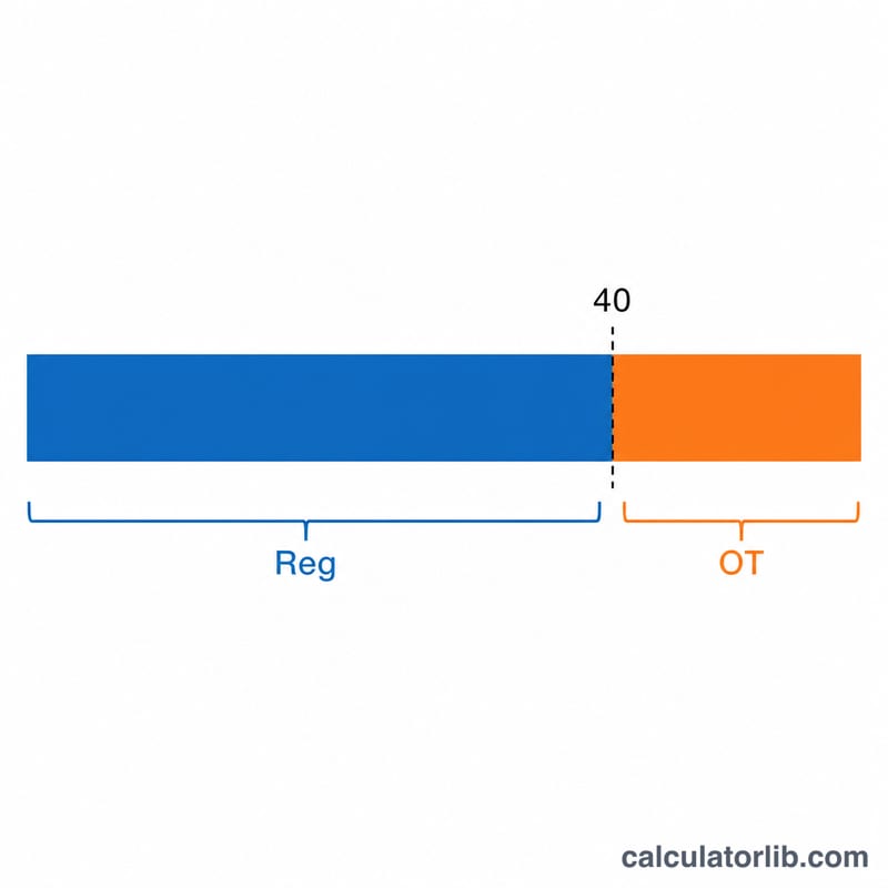 Bar showing hours split at the 40-hour threshold into regular and overtime zones