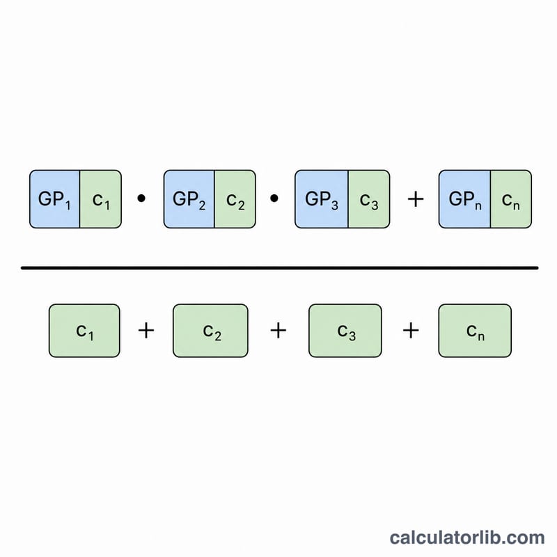 Sơ đồ công thức GPA dưới dạng phân số: điểm nhân tín chỉ chia tổng tín chỉ