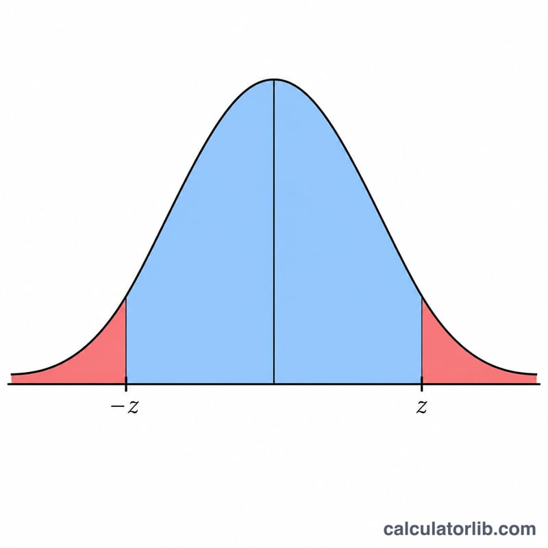 Bell curve with central 95 percent region shaded and two tails